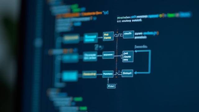 Bildet viser koding på en skjerm med flytskjema og ikoner, som representerer algoritmisk produktutvikling.